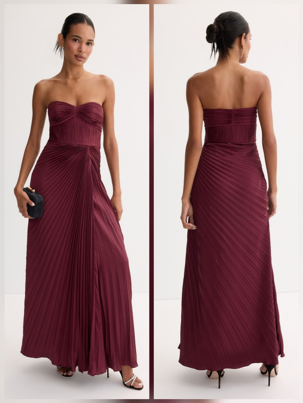 AMUR Strapless Pleated Maxi Dress in Bordeaux